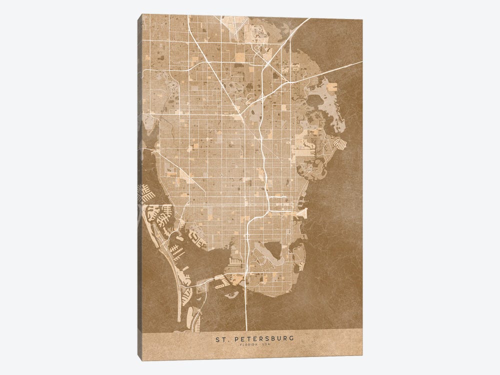 Map Of St Petersburg (Florida, USA) In Sepia Vintage Style by blursbyai 1-piece Canvas Artwork
