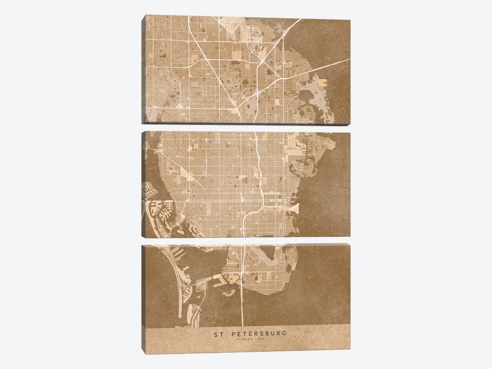 Map Of St Petersburg (Florida, USA) In Sepia Vintage Style by blursbyai 3-piece Canvas Art