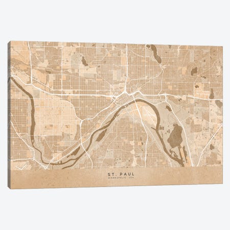 Map Of St. Paul (Minneapolis, USA) In Sepia Vintage Style Canvas Print #RLZ667} by blursbyai Canvas Wall Art