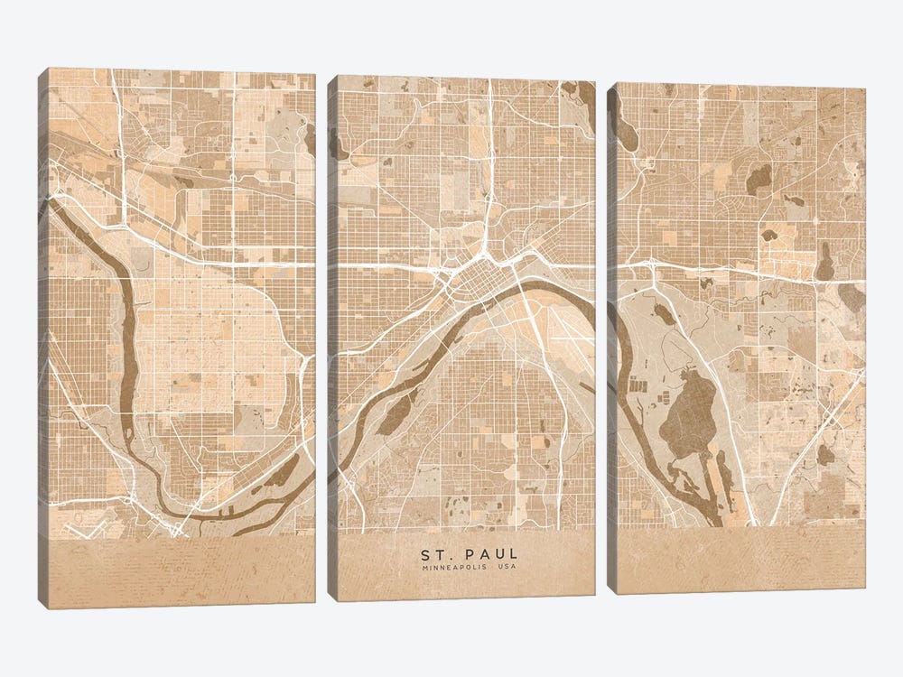 Map Of St. Paul (Minneapolis, USA) In Sepia Vintage Style by blursbyai 3-piece Canvas Print