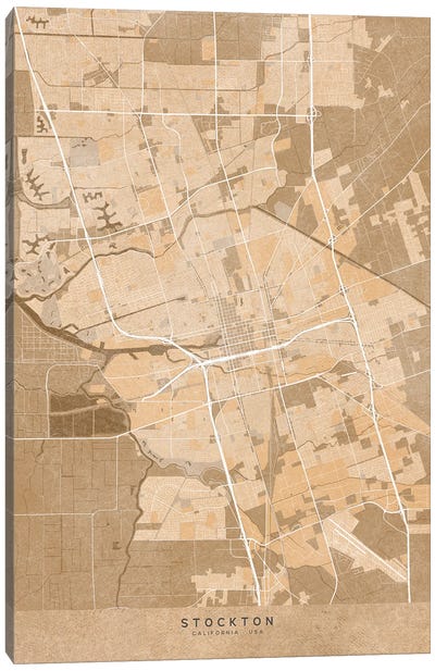 Map Of Stockton (California, USA) In Sepia Vintage Style Canvas Art Print - Vintage Maps