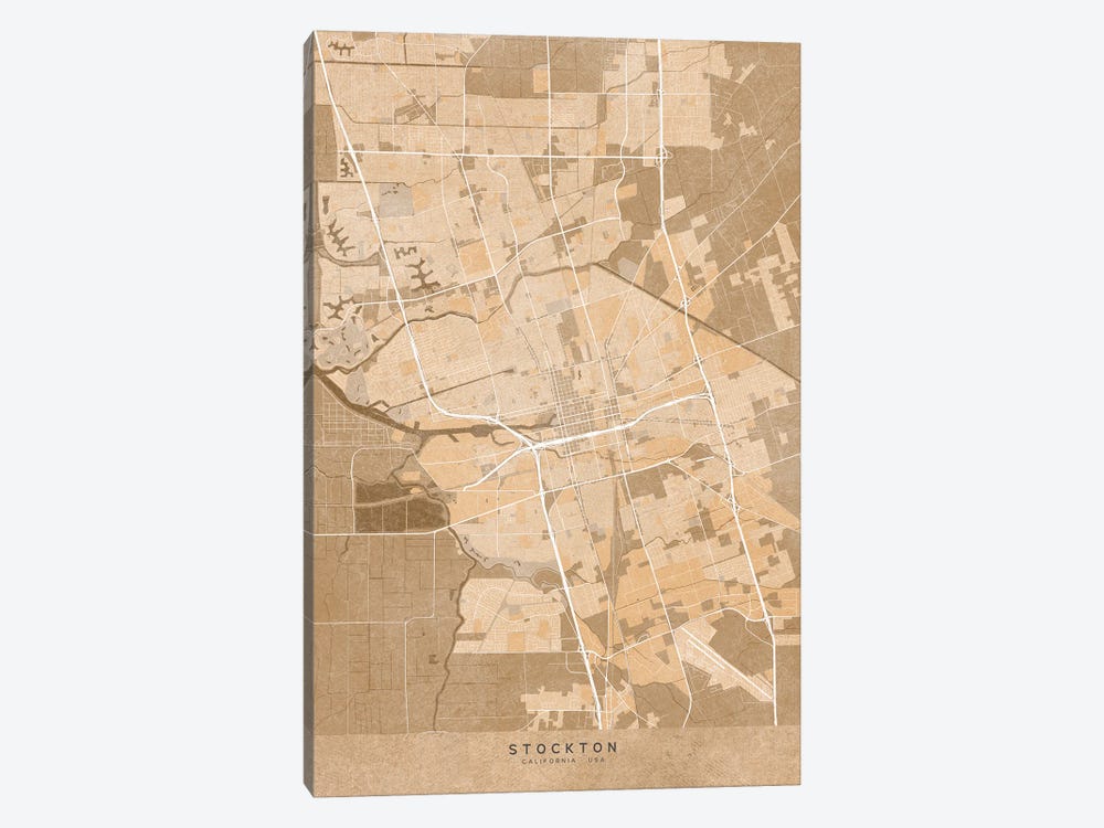 Map Of Stockton (California, USA) In Sepia Vintage Style by blursbyai 1-piece Canvas Wall Art