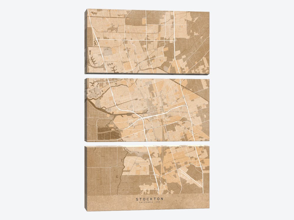 Map Of Stockton (California, USA) In Sepia Vintage Style by blursbyai 3-piece Canvas Wall Art