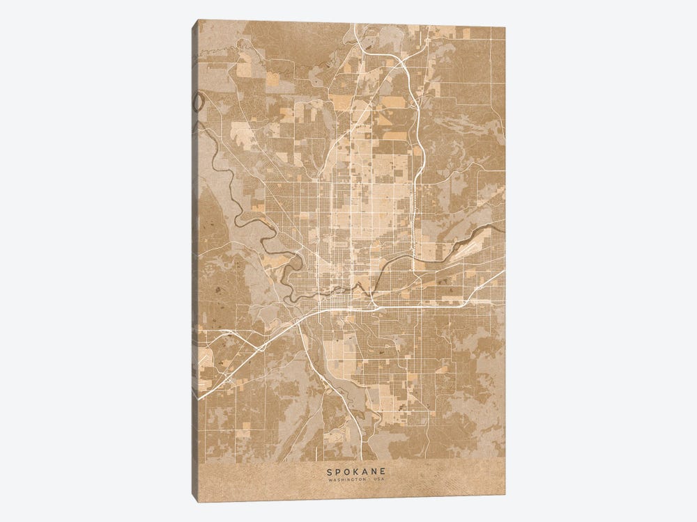 Map Of Spokane (Wa, USA) In Sepia Vintage Style by blursbyai 1-piece Canvas Art
