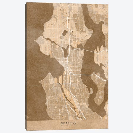 Map Of Seattle (Wa, USA) In Sepia Vintage Style Canvas Print #RLZ672} by blursbyai Canvas Artwork