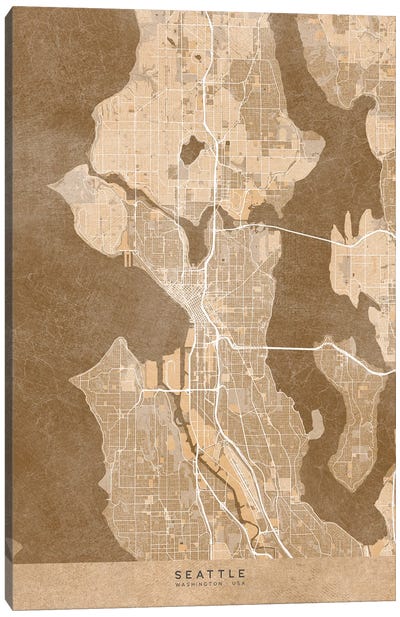 Map Of Seattle (Wa, USA) In Sepia Vintage Style Canvas Art Print - Seattle Maps