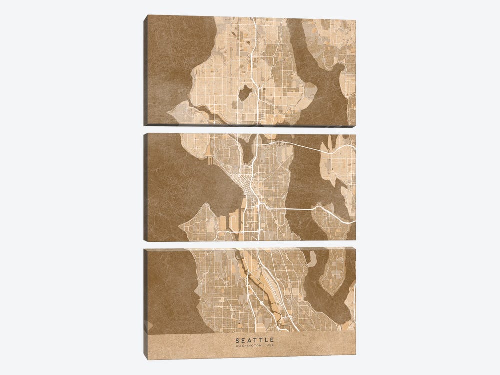 Map Of Seattle (Wa, USA) In Sepia Vintage Style by blursbyai 3-piece Art Print