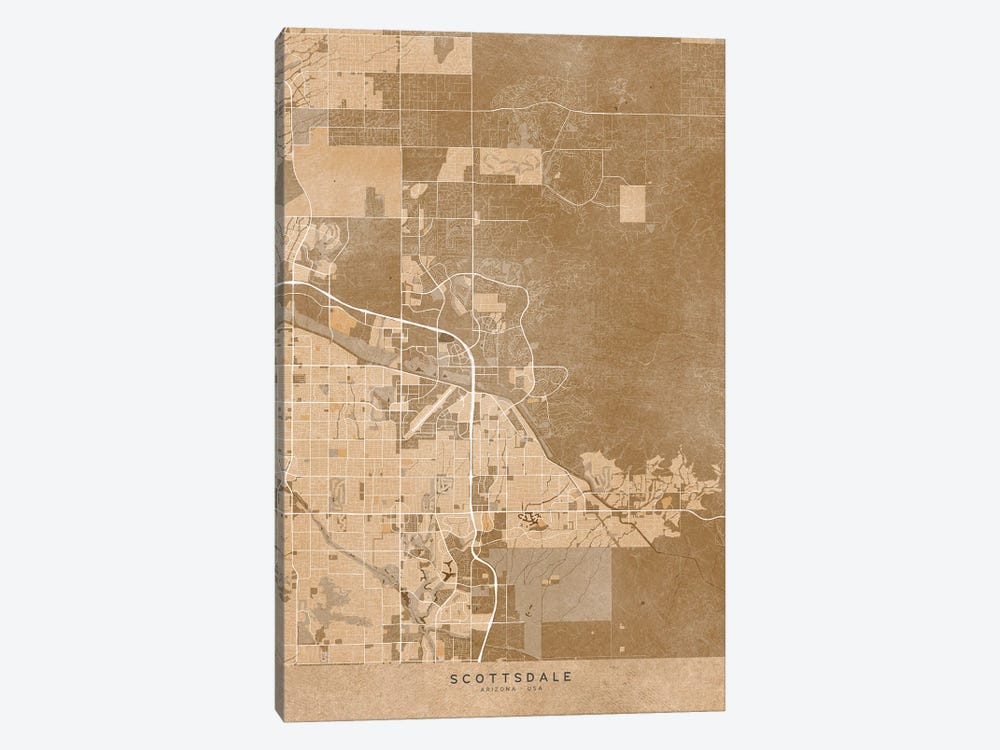 Map Of Scottsdale (Arizona, USA) In Sepia Vintage Style by blursbyai 1-piece Canvas Artwork