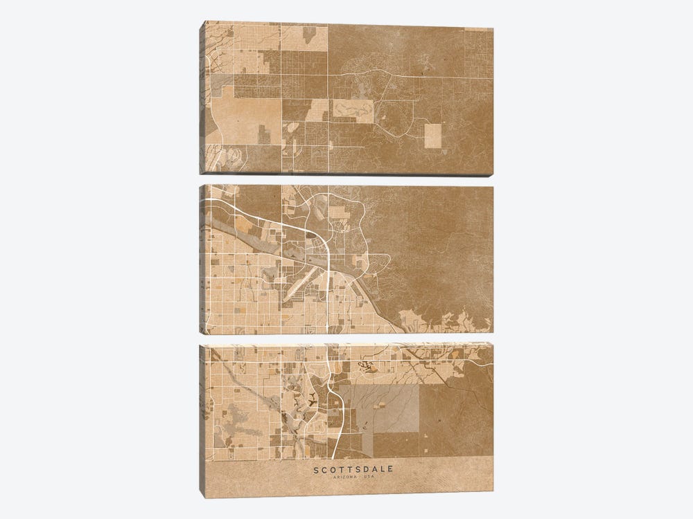 Map Of Scottsdale (Arizona, USA) In Sepia Vintage Style by blursbyai 3-piece Canvas Art