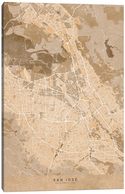 Map Of San Jose (Ca, USA) In Sepia Vintage Style Canvas Art Print - blursbyai