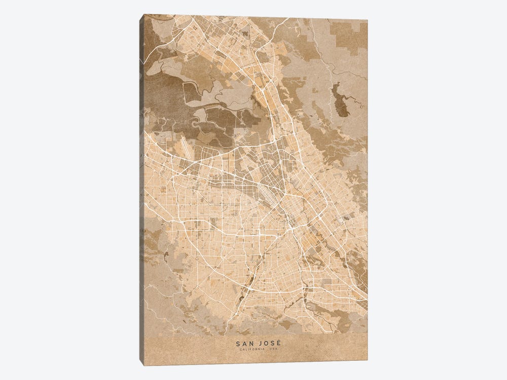 Map Of San Jose (Ca, USA) In Sepia Vintage Style by blursbyai 1-piece Canvas Art