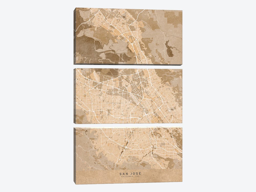 Map Of San Jose (Ca, USA) In Sepia Vintage Style by blursbyai 3-piece Canvas Wall Art