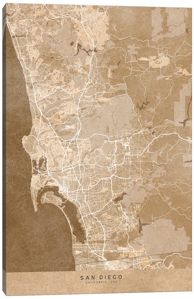Map Of San Diego (Ca, USA) In Sepia Vintage Style Canvas Art Print - San Diego Art