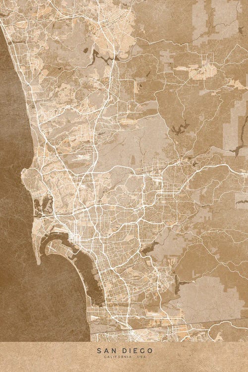 Map Of San Diego (Ca, USA) In Sepia Vintage Style