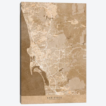 Map Of San Diego (Ca, USA) In Sepia Vintage Style Canvas Print #RLZ678} by blursbyai Canvas Art