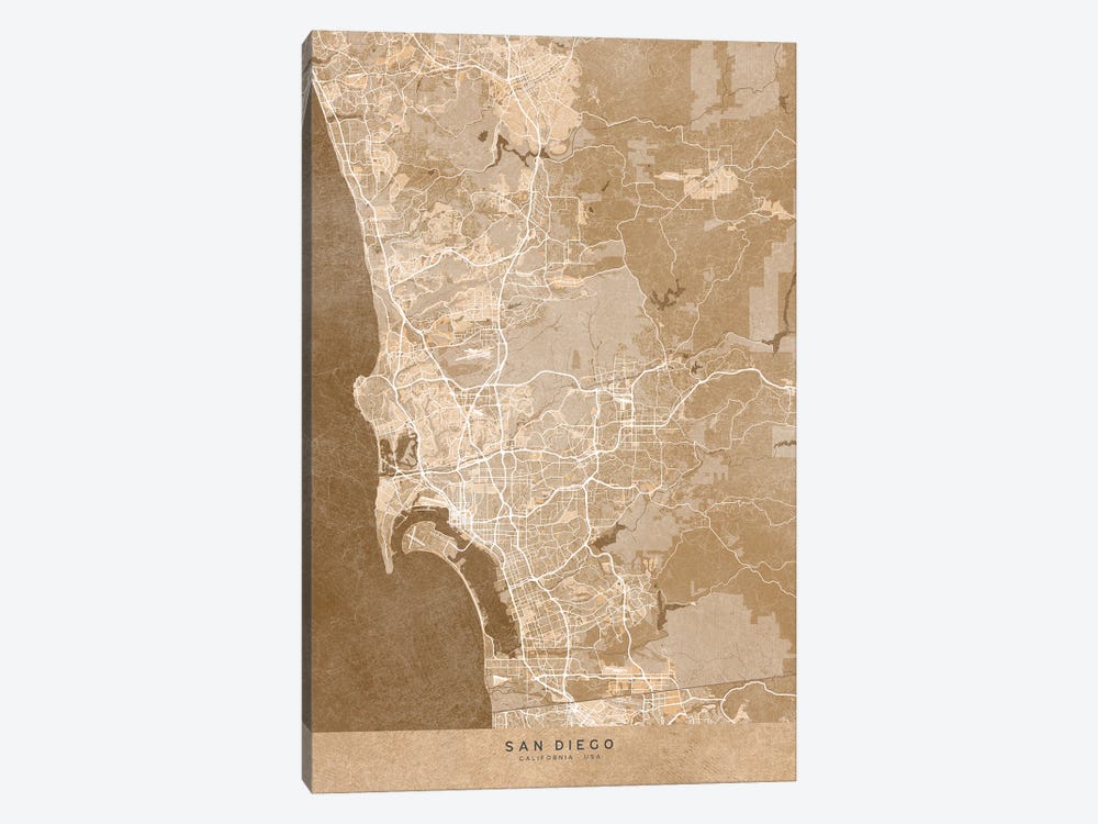 Map Of San Diego (Ca, USA) In Sepia Vintage Style by blursbyai 1-piece Canvas Print