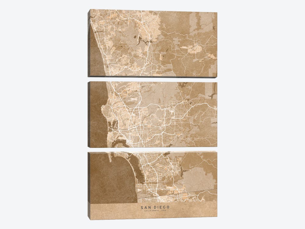 Map Of San Diego (Ca, USA) In Sepia Vintage Style by blursbyai 3-piece Art Print