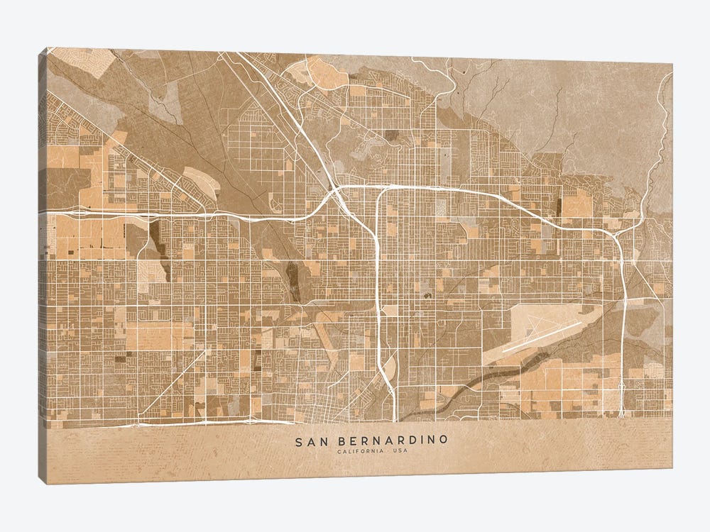 Map Of San Bernardino (Ca, USA) In Sepia Vintage Style by blursbyai 1-piece Canvas Wall Art