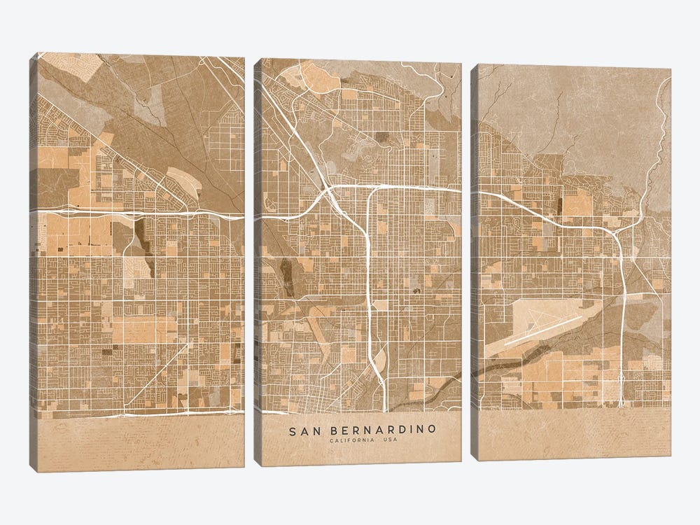 Map Of San Bernardino (Ca, USA) In Sepia Vintage Style by blursbyai 3-piece Canvas Art