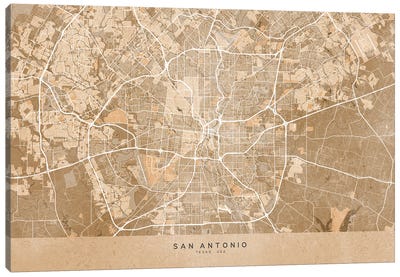Map Of San Antonio (Tx, USA) In Sepia Vintage Style Canvas Art Print - blursbyai