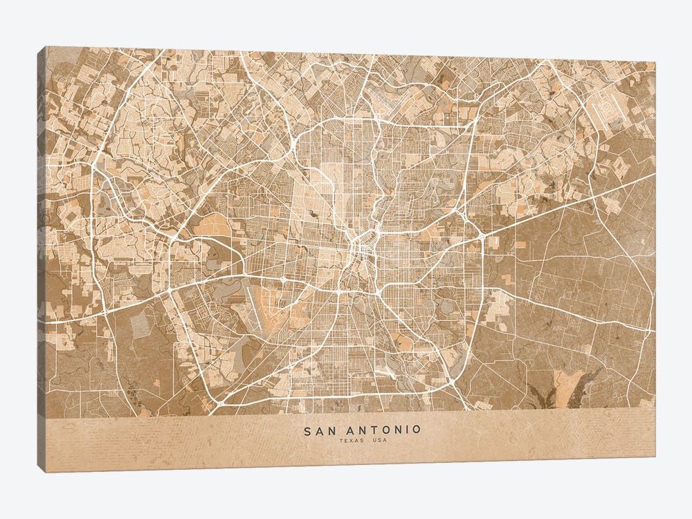 Map Of San Antonio (Tx, USA) In Sepia Vintage Style by blursbyai 1-piece Canvas Art