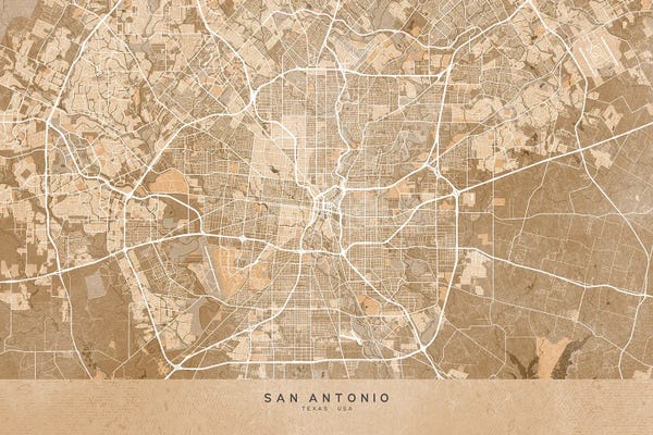 Vintage & Retro: Map Of San Antonio (Tx, USA) In Sepia Vintage Style by blursbyai