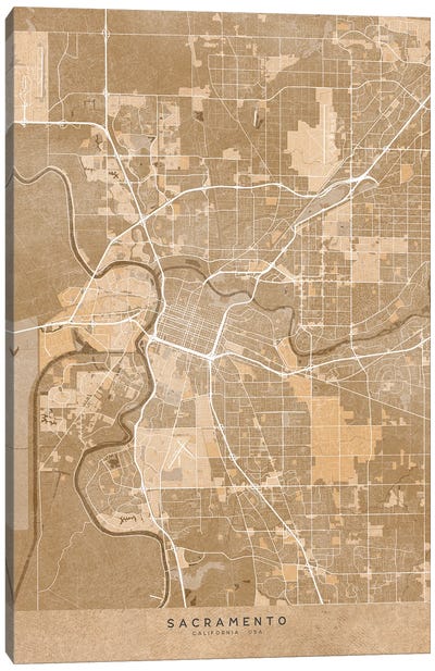 Map Of Sacramento (Ca, USA) In Sepia Vintage Style Canvas Art Print - Vintage Maps