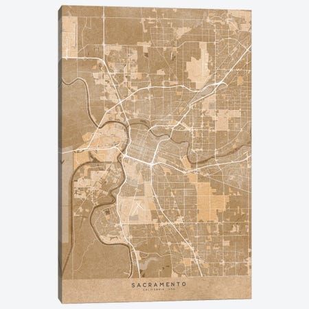 Map Of Sacramento (Ca, USA) In Sepia Vintage Style Canvas Print #RLZ681} by blursbyai Canvas Art Print