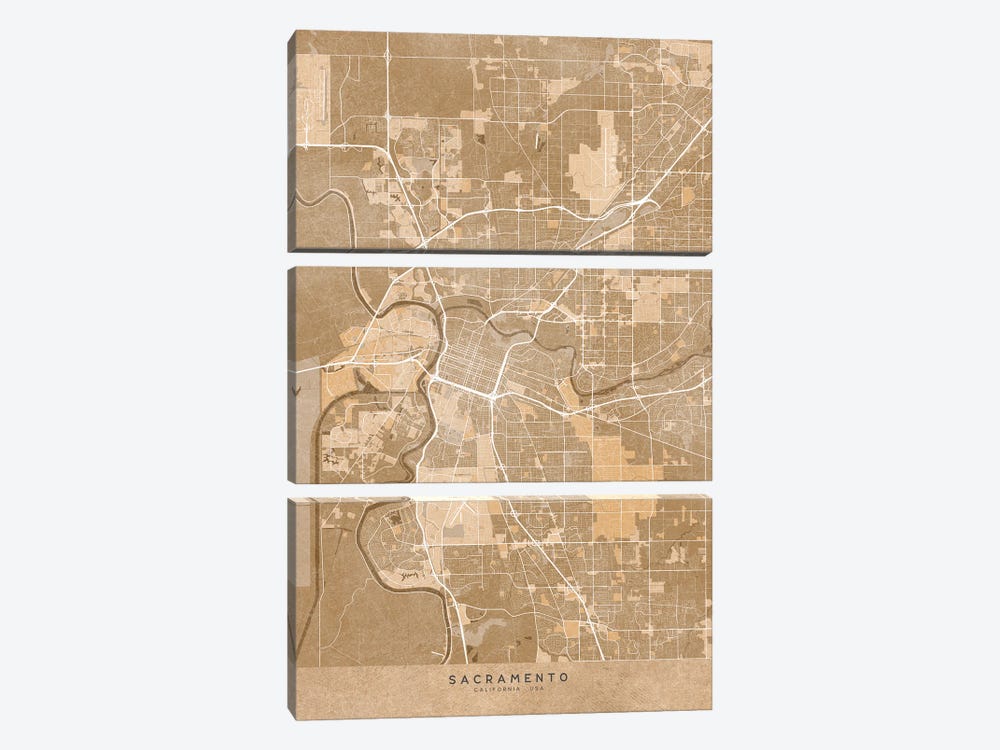 Map Of Sacramento (Ca, USA) In Sepia Vintage Style by blursbyai 3-piece Canvas Print