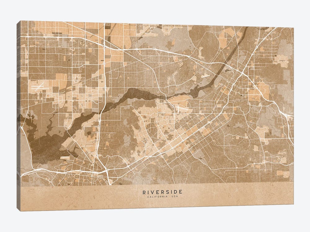 Map Of Riverside (Ca, USA) In Sepia Vintage Style by blursbyai 1-piece Canvas Wall Art