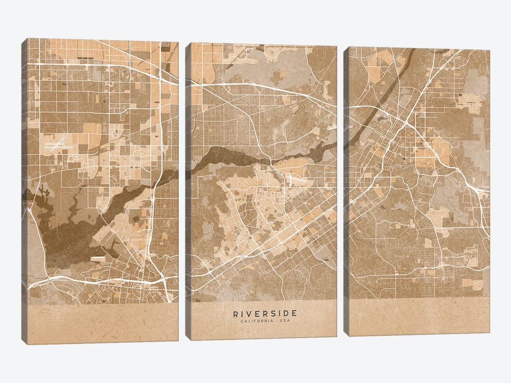 Map Of Riverside (Ca, USA) In Sepia Vintage Style by blursbyai 3-piece Canvas Wall Art