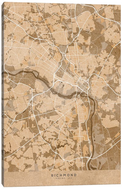 Map Of Richmond (Virginia, USA) In Sepia Vintage Style Canvas Art Print - Vintage Maps