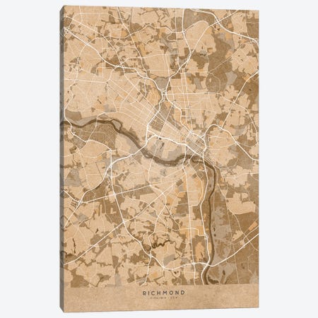 Map Of Richmond (Virginia, USA) In Sepia Vintage Style Canvas Print #RLZ683} by blursbyai Canvas Art Print