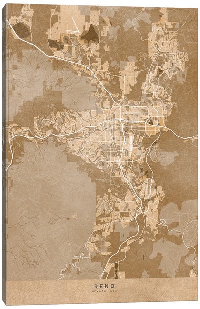 Map Of Reno (Nevada, USA) In Sepia Vintage Style Canvas Art Print - Vintage Maps