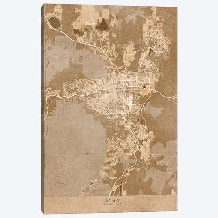 Map Of Reno (Nevada, USA) In Sepia Vintage Style Canvas Print #RLZ684} by blursbyai Canvas Artwork