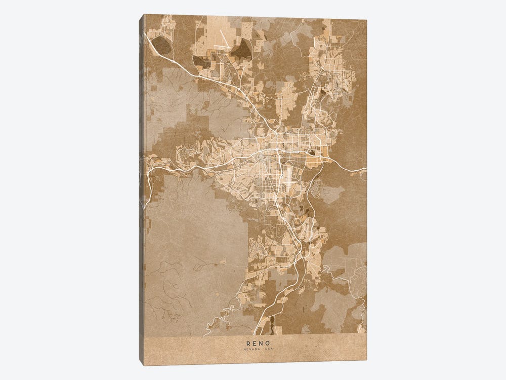 Map Of Reno (Nevada, USA) In Sepia Vintage Style by blursbyai 1-piece Canvas Art
