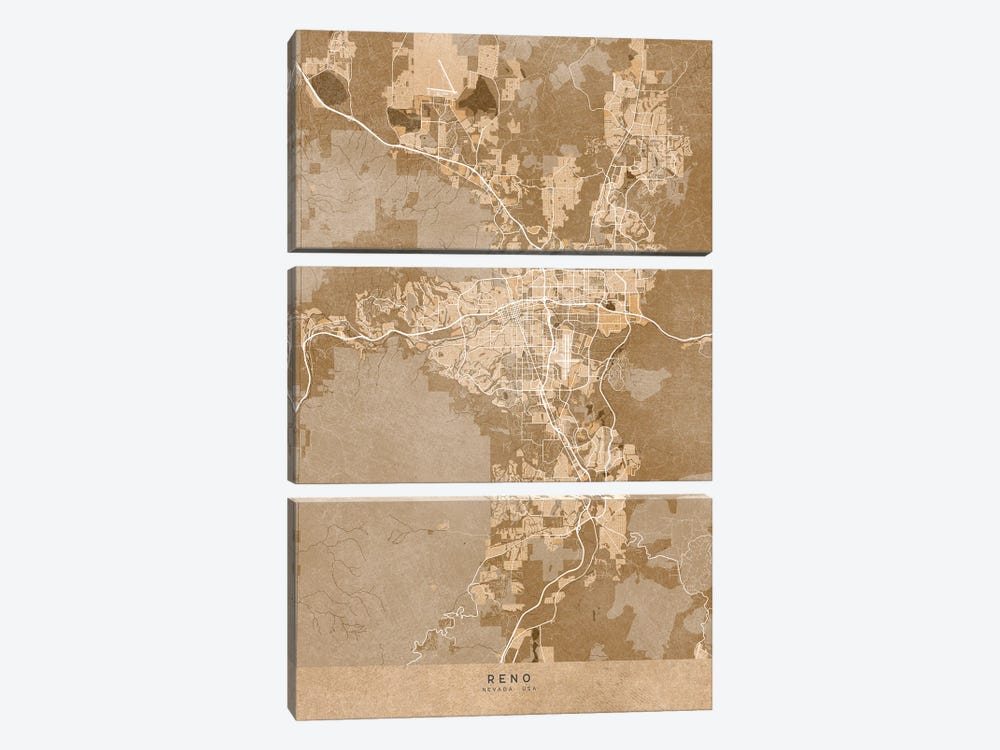 Map Of Reno (Nevada, USA) In Sepia Vintage Style by blursbyai 3-piece Canvas Art