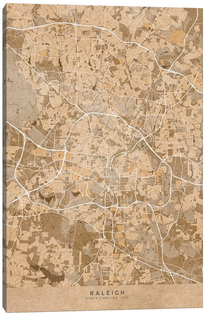 Map Of Raleigh (Nc, USA) In Sepia Vintage Style Canvas Art Print - Vintage Maps