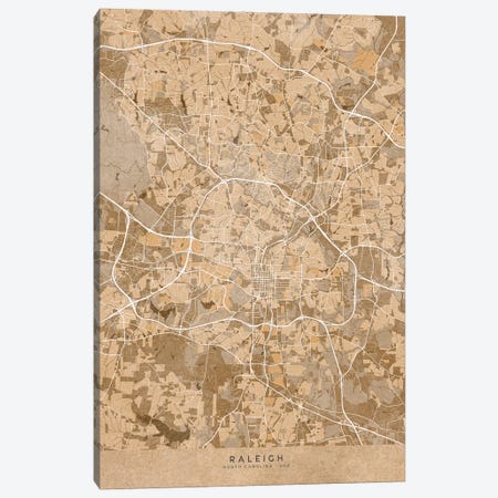 Map Of Raleigh (Nc, USA) In Sepia Vintage Style Canvas Print #RLZ685} by blursbyai Canvas Artwork