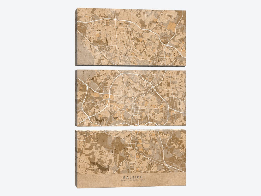 Map Of Raleigh (Nc, USA) In Sepia Vintage Style by blursbyai 3-piece Canvas Print