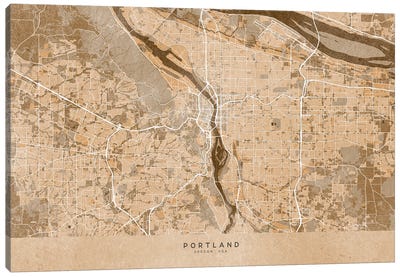 Map Of Portland (Or, USA) In Sepia Vintage Style Canvas Art Print - Vintage Maps