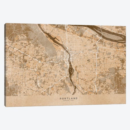 Map Of Portland (Or, USA) In Sepia Vintage Style Canvas Print #RLZ686} by blursbyai Canvas Artwork