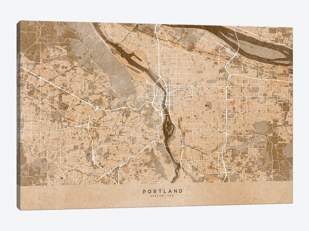 Map Of Portland (Or, USA) In Sepia Vintage Style by blursbyai 1-piece Canvas Wall Art