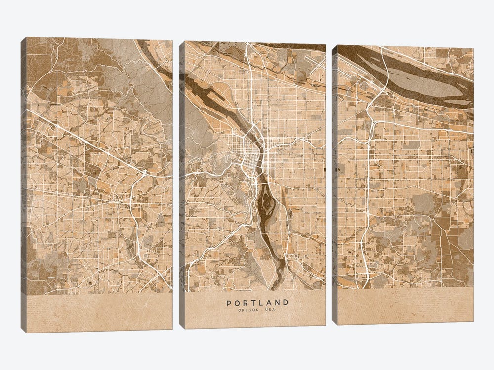 Map Of Portland (Or, USA) In Sepia Vintage Style by blursbyai 3-piece Canvas Art