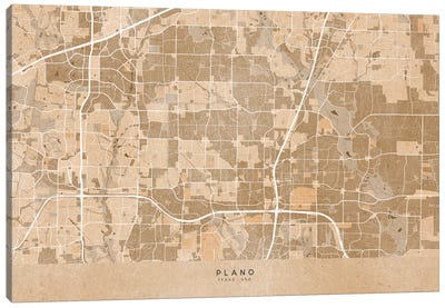 Map Of Plano (Tx, USA) In Sepia Vintage Style Canvas Art Print - Vintage Maps