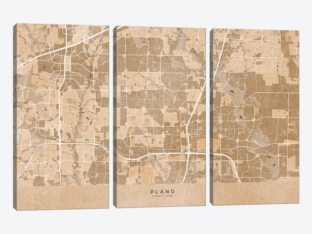Map Of Plano (Tx, USA) In Sepia Vintage Style by blursbyai 3-piece Art Print