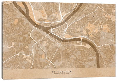 Map Of Pittsburgh (Pa, USA) In Sepia Vintage Style Canvas Art Print - Vintage Maps