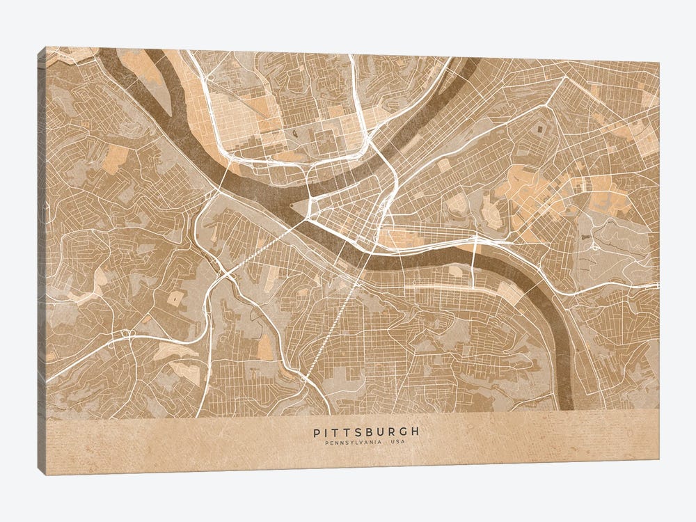 Map Of Pittsburgh (Pa, USA) In Sepia Vintage Style by blursbyai 1-piece Canvas Wall Art
