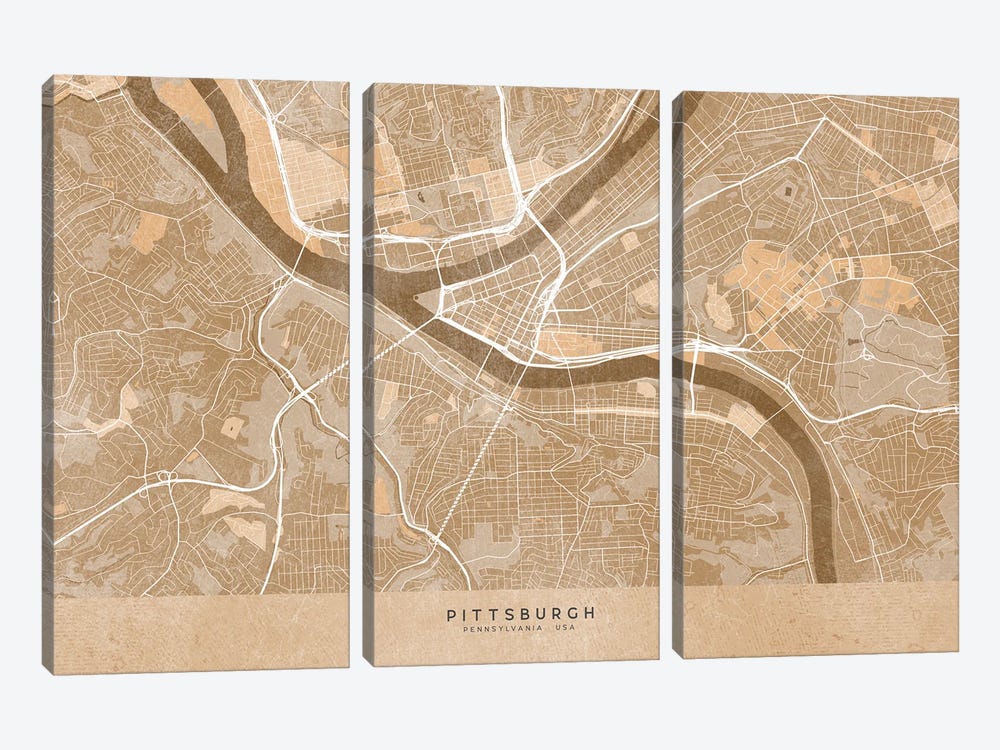 Map Of Pittsburgh (Pa, USA) In Sepia Vintage Style by blursbyai 3-piece Canvas Wall Art