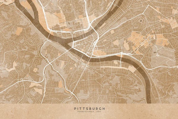 Pittsburgh Maps: Map Of Pittsburgh (Pa, USA) In Sepia Vintage Style by blursbyai